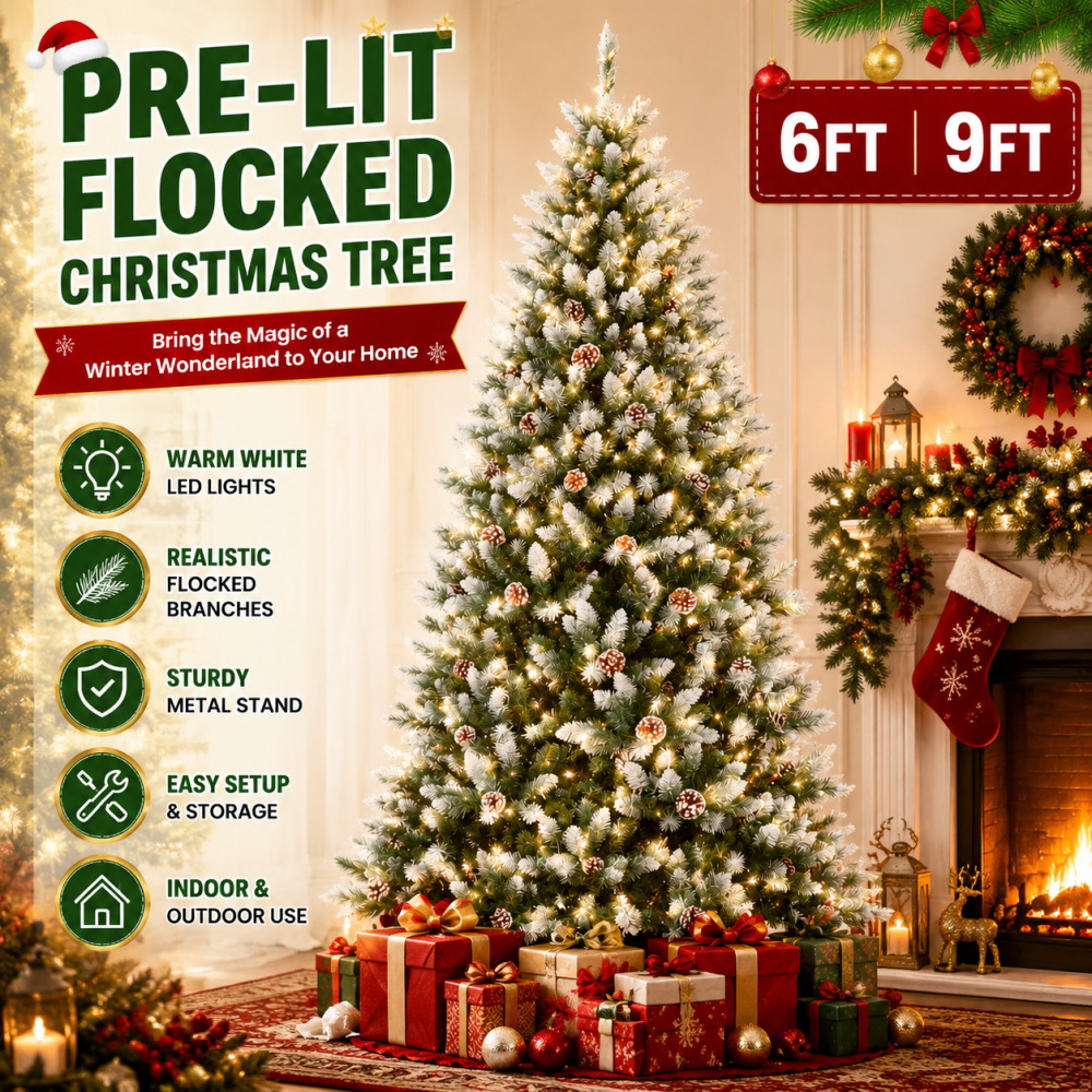 Xmas Outdoor Lighting Decorations - Pre-Lit Flocked Artificial Christmas Tree 6‘/9’