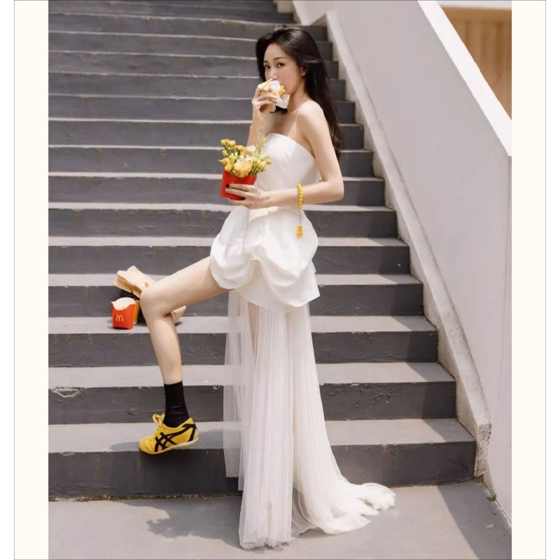 French White Strapless Morning - Lighting Wedding Outdoor ulasan dan harga
